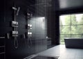 Modern design bathroom with shower and large window in black stone material.Macro.AI Generative Royalty Free Stock Photo