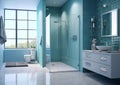 Modern design bathroom with shower and large window in marine colors.Macro.AI Generative Royalty Free Stock Photo