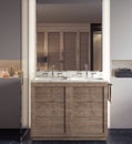 Modern design of bathroom with wooden vanity in the middle