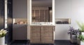 Modern design of bathroom with wooden vanity in the middle