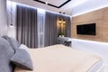 Modern design bedroom with comfortable bed Royalty Free Stock Photo