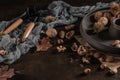 Modern design black ceramic bowl with walnuts, hazelnuts, almonds, chestnut hedgehogs on dark countertop and background. Autumn Royalty Free Stock Photo