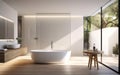 Modern design. Chic and minimalist bathroom with a standalone tub, a large mirror and clean white fixtures. Natural materials,