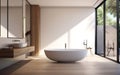 Modern design. Chic and minimalist bathroom with a standalone tub, a large mirror and clean white fixtures. Natural materials,
