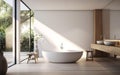 Modern design. Chic and minimalist bathroom with a standalone tub, a large mirror and clean white fixtures. Natural materials,