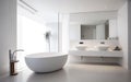 Modern design. Chic and minimalist bathroom with a standalone tub, a large mirror and clean white fixtures. Natural materials,