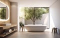 Modern design. Chic and minimalist bathroom with a standalone tub, a large mirror and clean white fixtures. Natural materials,