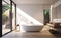 Modern design. Chic and minimalist bathroom with a standalone tub, a large mirror and clean white fixtures. Natural materials,