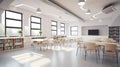 Modern design of the classroom in the style of minimalism. Sunlight enters the room through large windows Generative AI Royalty Free Stock Photo