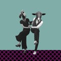 Modern design, contemporary art collage. Inspiration, idea, trendy urban magazine style. Couple with animal heads on