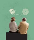 Modern design, contemporary art collage. Married couple, old man and middle age woman spend time together. Female and