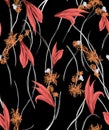 Modern Design for Fashion, Seamlees Hand Drawn Flowers with Leaves on Black Background.