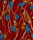 Modern Design for Fashion, Seamlees Hand Drawn Flowers with Leaves on Dark Red.
