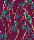 Modern Design for Fashion, Seamlees Hand Drawn Flowers with Leaves on Fuchsia.