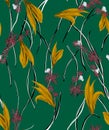Modern Design for Fashion, Seamlees Hand Drawn Flowers with Leaves on Green Background.