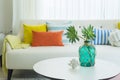 Modern design of living room with yellow,blue and orange pillow on sofa. Royalty Free Stock Photo