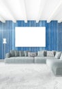 Vertical modern interior bedroom or living room with eclectic wall and empty frame for copyspace drawing. 3D rendering Royalty Free Stock Photo