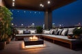 Modern design of rooftop patio with night lights. City view. Beautiful landscape at night. Financial city downtown, real estate Royalty Free Stock Photo