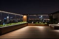 Modern design of rooftop patio with night lights. City view. Beautiful landscape at night. Financial city downtown, real estate Royalty Free Stock Photo