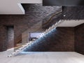 Modern design staircase in the living room, with glass railings and white independent steps on the brick wall Royalty Free Stock Photo