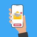 Modern design style hand holding the smartphone with e-mail screen - send it Royalty Free Stock Photo