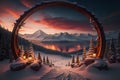 A modern design wooden arch overlooking a beautiful winter landscape during sunset