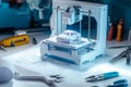 In a modern design workspace, a compact 3D printer produces a miniature vehicle prototype. Tools and blueprints are Royalty Free Stock Photo