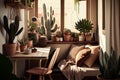 Modern designed living room with a plants in a pot, light cozy room with a workspace Royalty Free Stock Photo