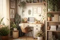 Modern designed living room with a plants in a pot, light cozy room with a workspace Royalty Free Stock Photo