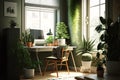 Modern designed living room with a plants in a pot, light cozy room with a workspace Royalty Free Stock Photo