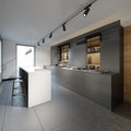 Modern designer kitchen in dark colors in a loft style
