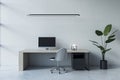 Modern designer office desk with mock up computer in interior. Concrete wall background.