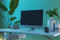 Modern designer office interior with empty computer monitor, white desktop, various items, coffee cup and blue wall background. 3D Royalty Free Stock Photo