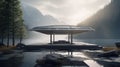 Modern designer pavilion at the lakeshore. Beautiful contemporary architecture. Comfortable rest area. Generative AI