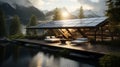 Modern designer pavilion powered by solar panels, located on the lakeshore in the mountains. Peaceful retreat. Generative AI