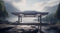 Modern designer pavilion on the rocky lakeshore, in a beautiful remote area with mountains. Generative AI