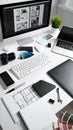 Modern designer's workspace with computer, laptop, camera, and creative tools Royalty Free Stock Photo