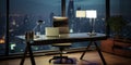 Modern desk with a laptop in a modern elegant glass office