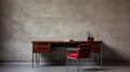 Modern Desk And Red Chair In A Simple Brutalist Environment