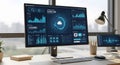 Desk with computer monitors displaying data dashboards and business analytics Royalty Free Stock Photo