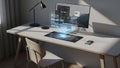 Futuristic Holographic Interface on Desk with Computer and Smartphone Royalty Free Stock Photo