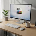 A modern desk setup includes a large monitor displaying a user interface with colorful Royalty Free Stock Photo