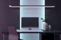 Modern desk with striking backlight, minimalist chair, and decorative foliage. 3D Rendering