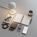 Modern desktop arrangement featuring a small white lamp open Royalty Free Stock Photo