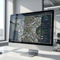 Sleek Desktop Monitor Displaying a High-Tech GPS Vehicle Tracking and Fleet Management Dashboard in a Modern Office Royalty Free Stock Photo