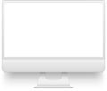 Modern desktop computer displaying blank white screen standing on white background, perfect for mockup, template or web