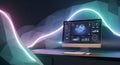 Modern desktop computer displays advanced data analysis dashboard, intricate geometric shapes, and graphs, set against an abstract Royalty Free Stock Photo