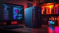 modern desktop computer setup with colorful lighting and coding on screen, creating vibrant tech atmosphere Royalty Free Stock Photo