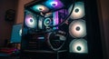 Modern desktop computer system featuring powerful components and vibrant cooling fans with colorful LED lights inside the gaming c Royalty Free Stock Photo