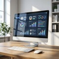 Sleek Desktop Computer Displaying a Colorful Business Analytics Dashboard in a Sunlit Office Royalty Free Stock Photo
